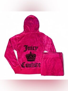 Juicy Couture Y2K Vintage Hot Pink Velour Hoodie & Pants Set with Black Logo